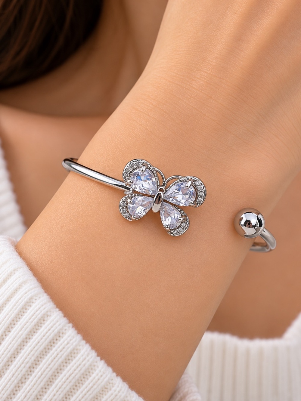 18K White Gold Layered Silver Tone Butterfly Open Cuff Bracelet